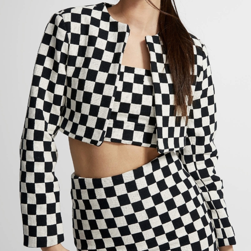 Simons Icone Black and White Checkered Blazer, Skirt, & Crop Top Complete Outfit